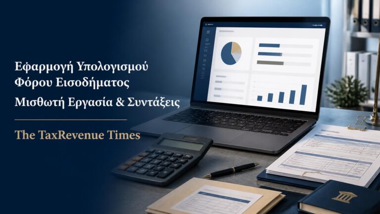 Εφαρμογή υπολογισμού φόρου εισοδήματος για μισθωτή εργασία και συντάξεις, με συμβολική απεικόνιση μισθοδοσίας, σύνταξης και φορολογικών εγγράφων.