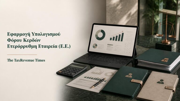 Εφαρμογή υπολογισμού φόρου κερδών Ετερόρρυθμης Εταιρείας Ε.Ε. με εταιρικά οικονομικά στοιχεία, λογιστικά έγγραφα και υπολογισμό φόρου.