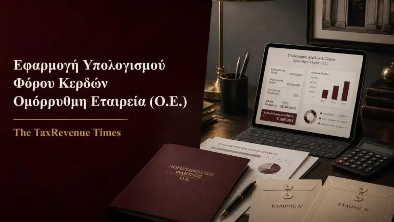 Εφαρμογή υπολογισμού φόρου κερδών Ομόρρυθμης Εταιρείας Ο.Ε. με εταιρικά οικονομικά στοιχεία, λογιστικά έγγραφα και υπολογισμό φόρου.