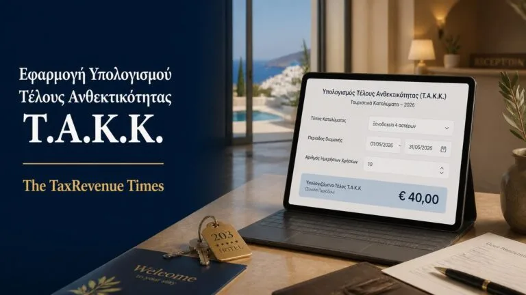 Εφαρμογή υπολογισμού Τέλους Ανθεκτικότητας στην Κλιματική Κρίση ΤΑΚΚ 2026 ανά κατάλυμα, περίοδο και ημερήσια χρήση.