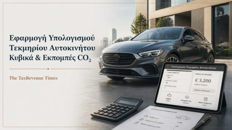 Εφαρμογή υπολογισμού τεκμηρίου αυτοκινήτου με βάση τα κυβικά και τις εκπομπές CO₂, με απεικόνιση οχήματος και ψηφιακού υπολογισμού.