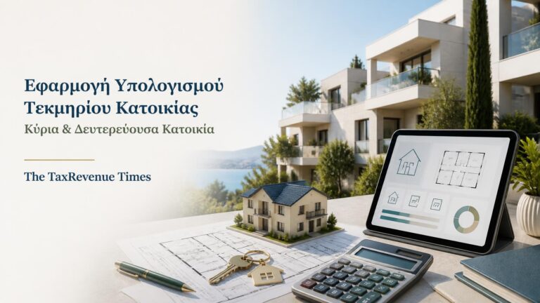 Εφαρμογή υπολογισμού τεκμηρίου κατοικίας με απεικόνιση κατοικίας, κάτοψης, τετραγωνικών μέτρων και ψηφιακού υπολογισμού.