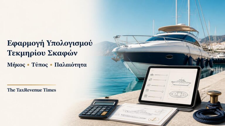 Εφαρμογή υπολογισμού τεκμηρίου σκαφών με απεικόνιση σκάφους αναψυχής, στοιχείων μήκους και ψηφιακού υπολογισμού.