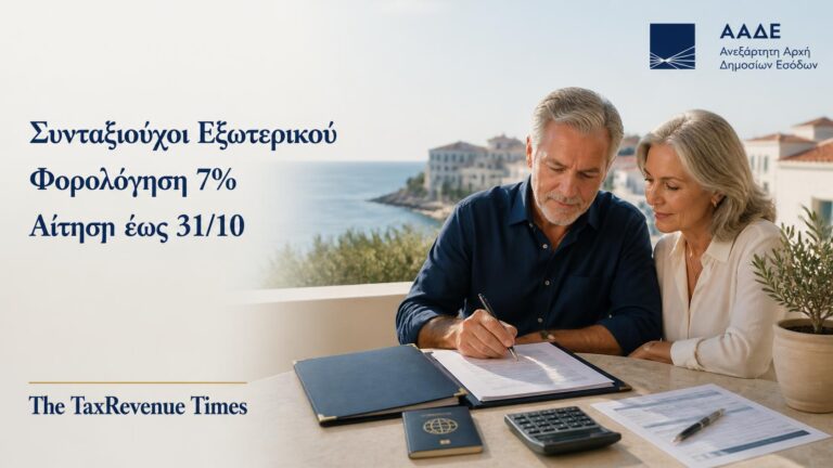 Εναλλακτική φορολόγηση συνταξιούχων εξωτερικού με συντελεστή 7% για μεταφορά φορολογικής κατοικίας στην Ελλάδα και αίτηση έως 31 Οκτωβρίου.