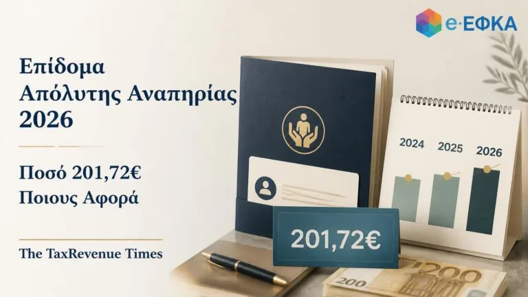 Επίδομα απόλυτης αναπηρίας 2026 με ποσό 201,72 ευρώ για συνταξιούχους με πρώτη ασφάλιση από 1 Ιανουαρίου 1993.