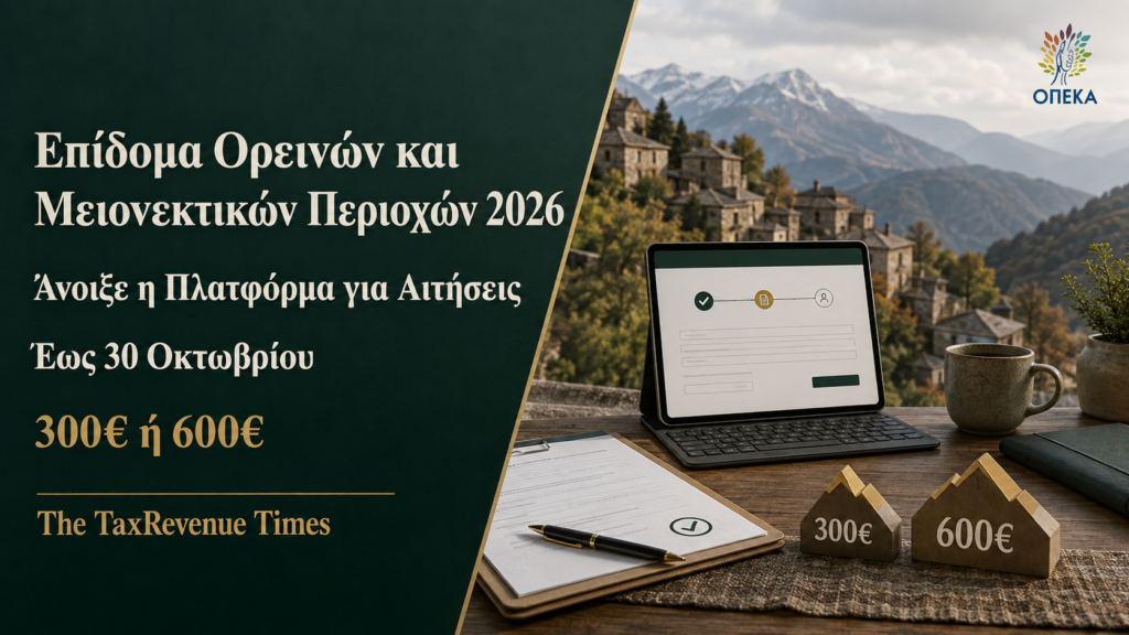 Επίδομα Ορεινών και Μειονεκτικών Περιοχών 2026 με άνοιγμα πλατφόρμας αιτήσεων και αναφορά στα ποσά ενίσχυσης 300 και 600 ευρώ.