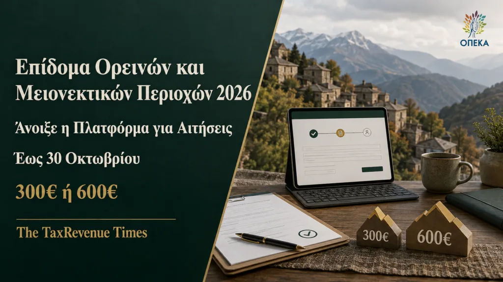 Επίδομα Ορεινών και Μειονεκτικών Περιοχών 2026 με άνοιγμα πλατφόρμας αιτήσεων και αναφορά στα ποσά ενίσχυσης 300 και 600 ευρώ.