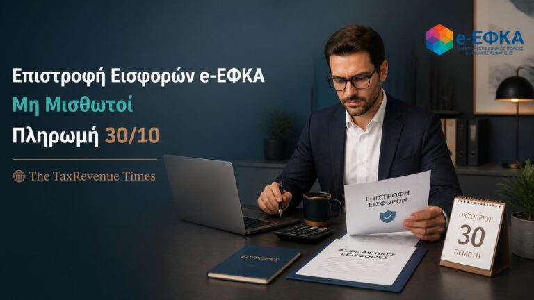 Επιστροφή αχρεωστήτως καταβληθεισών εισφορών e-ΕΦΚΑ σε μη μισθωτούς, με πληρωμή στις 30 Οκτωβρίου 2026.