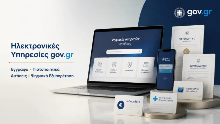 Ηλεκτρονικές υπηρεσίες gov.gr για έγγραφα, πιστοποιητικά, αιτήσεις και ψηφιακές διαδικασίες μέσω υπολογιστή και κινητού.