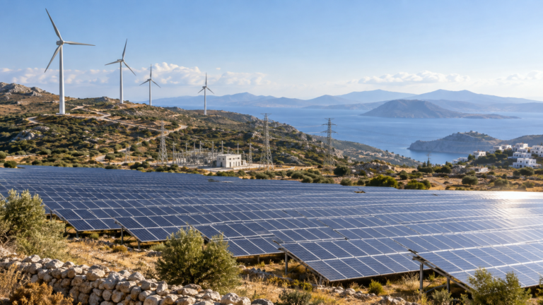 Ηλεκτροπαραγωγή από ΑΠΕ στην Ελλάδα το β΄ τρίμηνο 2026, με φωτοβολταϊκά, ανεμογεννήτριες και ενεργειακές υποδομές σε ελληνικό τοπίο.