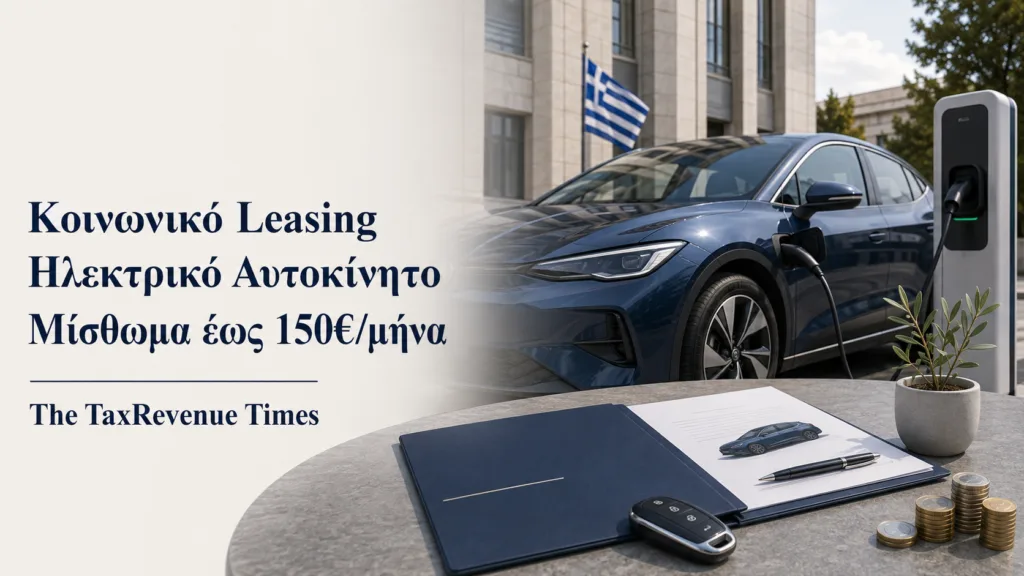 Editorial εικόνα για το κοινωνικό leasing ηλεκτρικού αυτοκινήτου με έμφαση στο χαμηλό μηνιαίο μίσθωμα και τη στήριξη δικαιούχων.