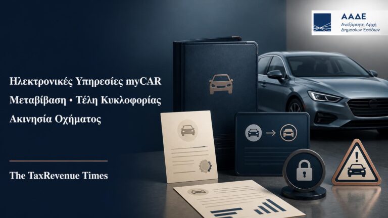 Ηλεκτρονικές υπηρεσίες myCAR ΑΑΔΕ για μεταβίβαση οχήματος, τέλη κυκλοφορίας, ακινησία και έλεγχο υποχρεώσεων αυτοκινήτου.