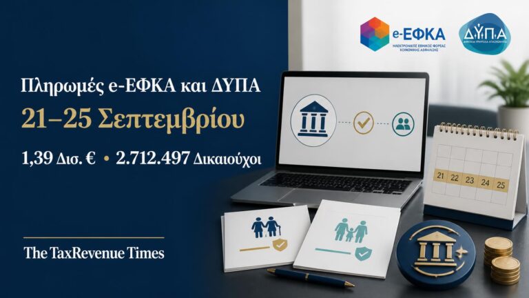 Πληρωμές e-ΕΦΚΑ και ΔΥΠΑ από 21 έως 25 Σεπτεμβρίου 2026, με συνολικά 1,39 δισ. ευρώ σε 2.712.497 δικαιούχους.