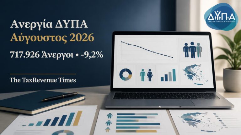 Στατιστικά ανεργίας ΔΥΠΑ για τον Αύγουστο 2026 με 717.926 εγγεγραμμένους ανέργους και μείωση 9,2% σε ετήσια βάση.