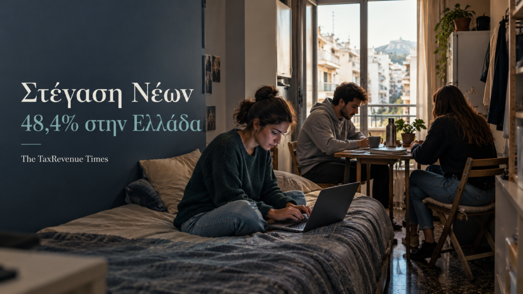 Νέοι σε μικρό διαμέρισμα στην Ελλάδα, για τη στέγαση νέων και το ποσοστό 48,4% που ζούσε το 2025 σε κατοικίες με ανεπαρκή αριθμό δωματίων.