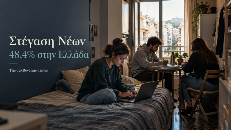 Νέοι σε μικρό διαμέρισμα στην Ελλάδα, για τη στέγαση νέων και το ποσοστό 48,4% που ζούσε το 2025 σε κατοικίες με ανεπαρκή αριθμό δωματίων.