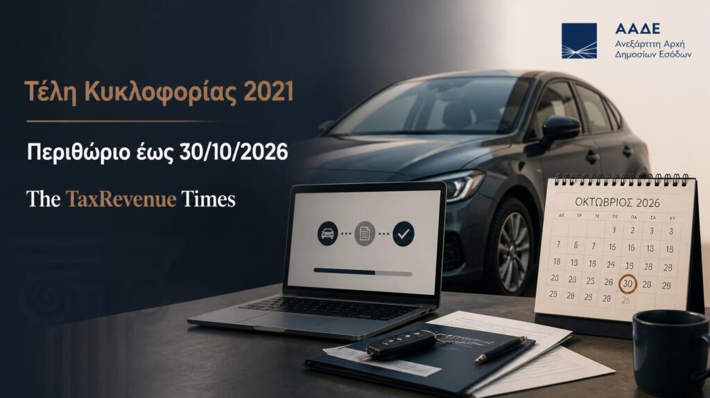 Απλήρωτα τέλη κυκλοφορίας 2021 με αυτοκίνητο, έγγραφα οχήματος και προθεσμία έως 30 Οκτωβρίου 2026 για δήλωση στο myCar.