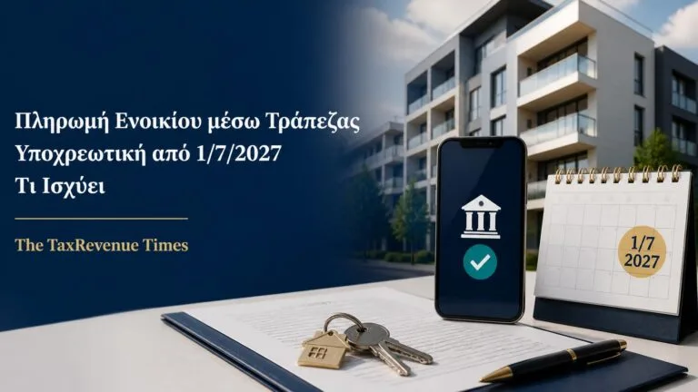 Υποχρεωτική πληρωμή ενοικίου μέσω τράπεζας από 1 Ιουλίου 2027, με κατοικία, μισθωτήριο και ηλεκτρονική τραπεζική συναλλαγή.