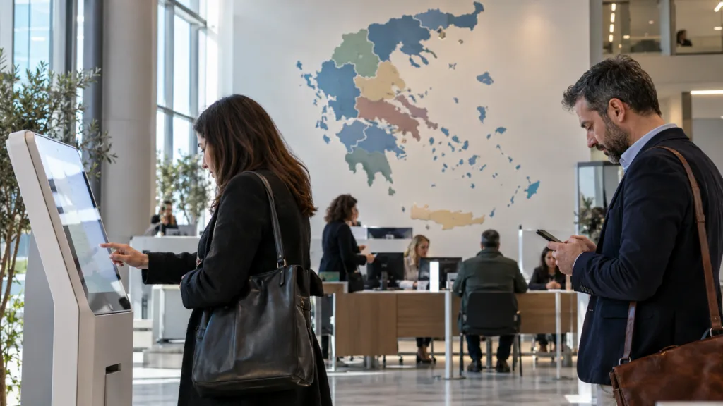 Πολίτες και επαγγελματίες χρησιμοποιούν ψηφιακές υπηρεσίες σε σύγχρονο χώρο δημόσιας εξυπηρέτησης, με χάρτη των επτά Αποκεντρωμένων Διοικήσεων.
