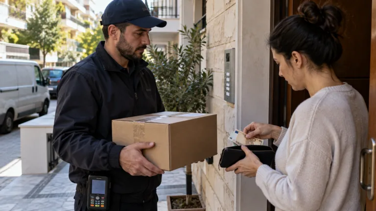 Καταναλωτής πληρώνει με μετρητά courier κατά την παράδοση δέματος με αντικαταβολή στην είσοδο κατοικίας.