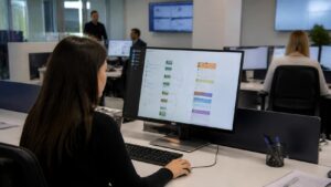 Υπάλληλος σε ψηφιακό κέντρο εξυπηρέτησης επεξεργάζεται ηλεκτρονικά αιτήματα για τη νέα πλατφόρμα e-ΕΦΚΑ.