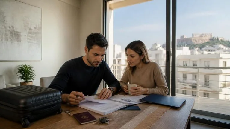 Επαγγελματίες που εγκαθίστανται στην Ελλάδα με διαβατήριο, κλειδιά κατοικίας και φορολογικά έγγραφα για τη μεταφορά φορολογικής κατοικίας.