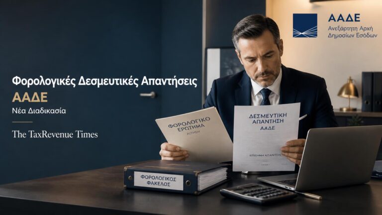 Φορολογικές Δεσμευτικές Απαντήσεις ΑΑΔΕ με επαγγελματία που εξετάζει επίσημο φορολογικό αίτημα και έγγραφα απάντησης.