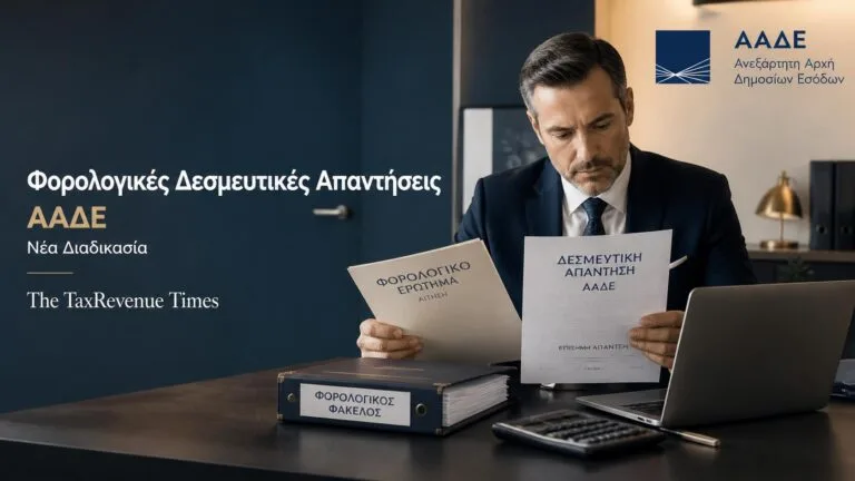 Φορολογικές Δεσμευτικές Απαντήσεις ΑΑΔΕ με επαγγελματία που εξετάζει επίσημο φορολογικό αίτημα και έγγραφα απάντησης.