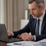 Νόμιμος εκπρόσωπος επιχείρησης χρησιμοποιεί ηλεκτρονική υπογραφή σε εταιρικά έγγραφα μέσω laptop και συσκευής ψηφιακής πιστοποίησης.