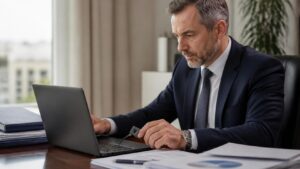 Νόμιμος εκπρόσωπος επιχείρησης χρησιμοποιεί ηλεκτρονική υπογραφή σε εταιρικά έγγραφα μέσω laptop και συσκευής ψηφιακής πιστοποίησης.