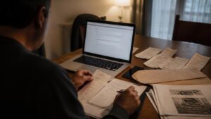Πολίτης χρησιμοποιεί laptop και εξετάζει έγγραφα για ηλεκτρονική υποβολή ανώνυμης ή επώνυμης καταγγελίας στην ΑΑΔΕ.