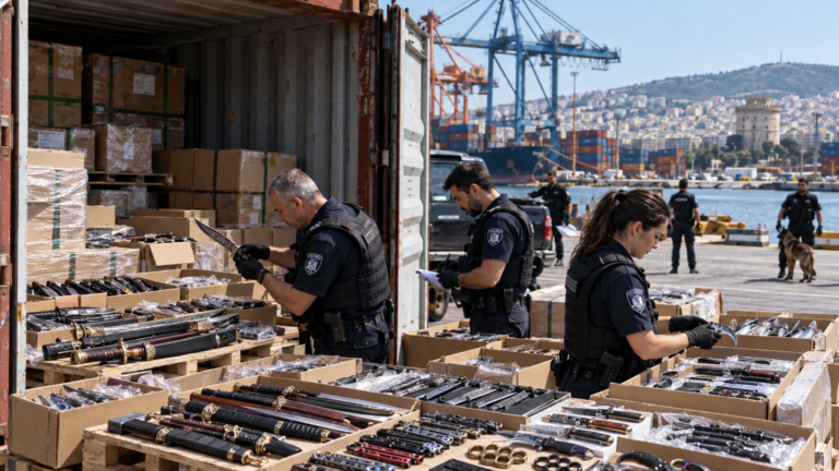Τελωνειακός έλεγχος φορτίου στο λιμάνι της Θεσσαλονίκης μετά την κατάσχεση 3.081 όπλων