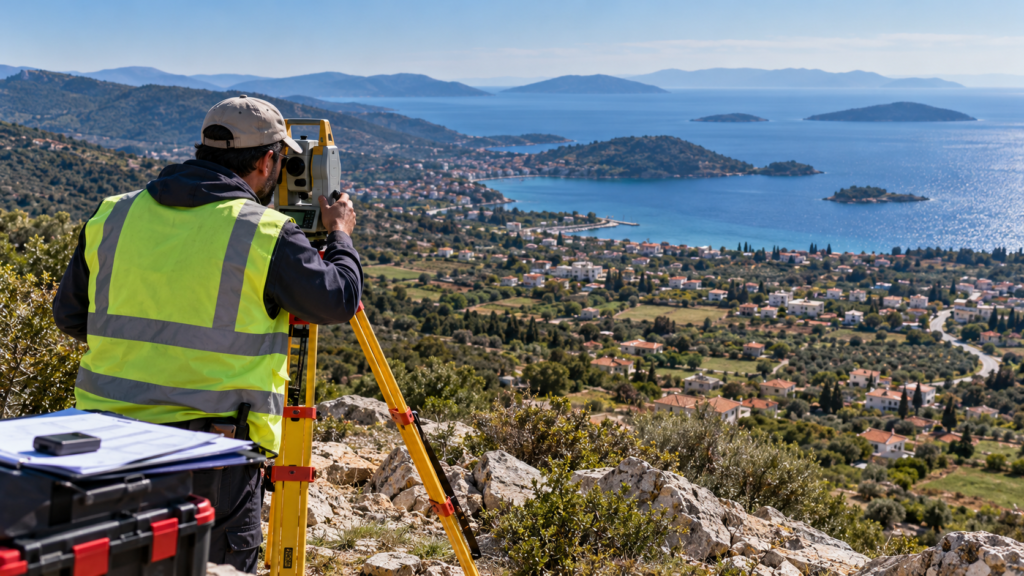 Τοπογράφος πραγματοποιεί μέτρηση ιδιοκτησιών σε τοπίο της Μαγνησίας με ακτογραμμή και νησιά των Σποράδων στο βάθος.