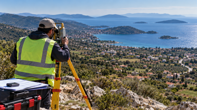 Τοπογράφος πραγματοποιεί μέτρηση ιδιοκτησιών σε τοπίο της Μαγνησίας με ακτογραμμή και νησιά των Σποράδων στο βάθος.
