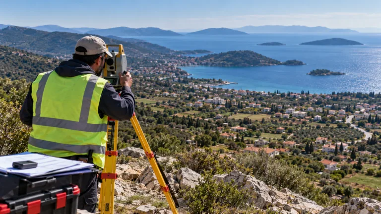 Τοπογράφος πραγματοποιεί μέτρηση ιδιοκτησιών σε τοπίο της Μαγνησίας με ακτογραμμή και νησιά των Σποράδων στο βάθος.