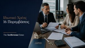 Επαγγελματική συνάντηση για ρύθμιση ιδιωτικού χρέους και servicers, με έγγραφα, laptop και στοιχεία προστασίας οφειλέτη.