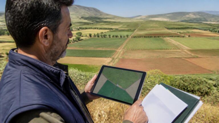 Αγρότης εξετάζει σε tablet ψηφιακό διάγραμμα αγροτεμαχίων και γεωχωρική επικάλυψη για την Ενιαία Αίτηση Ενίσχυσης 2026.