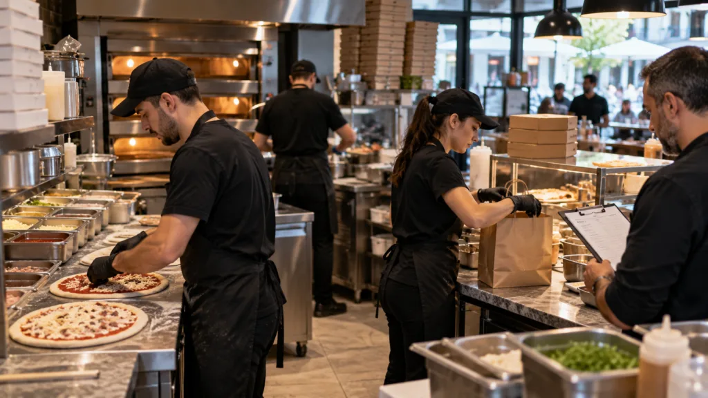 Εργαζόμενοι σε επιχείρηση εστίασης κατά τη διάρκεια βάρδιας, με υπεύθυνο να ελέγχει πρόγραμμα εργασίας και στοιχεία μισθοδοσίας.