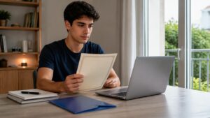 Νεαρός απόφοιτος χρησιμοποιεί laptop και εξετάζει σχολικό έγγραφο για την ηλεκτρονική έκδοση ψηφιακού απολυτηρίου Γυμνασίου ή Λυκείου.