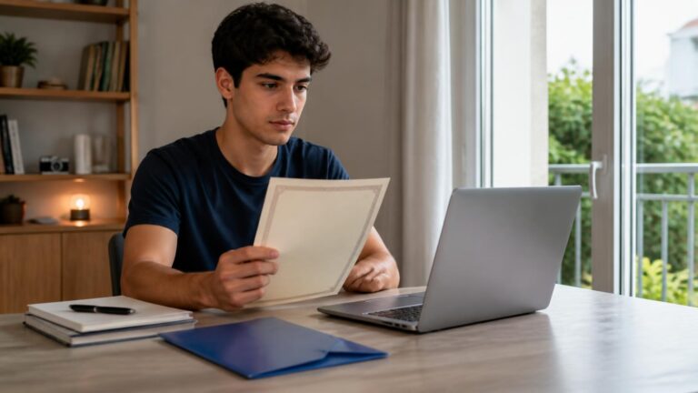 Νεαρός απόφοιτος χρησιμοποιεί laptop και εξετάζει σχολικό έγγραφο για την ηλεκτρονική έκδοση ψηφιακού απολυτηρίου Γυμνασίου ή Λυκείου.