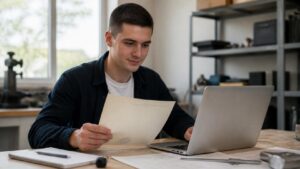 Απόφοιτος ΕΠΑΛ χρησιμοποιεί laptop και εξετάζει πτυχίο επαγγελματικής ειδικότητας για την ηλεκτρονική έκδοση ψηφιακού πτυχίου.
