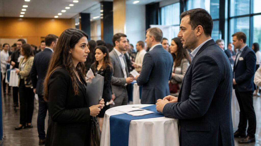 Έλληνες επαγγελματίες συνομιλούν με recruiters σε εκδήλωση καριέρας στο Μόναχο για θέσεις εργασίας και συνεντεύξεις.