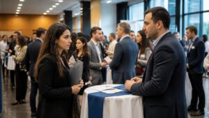 Έλληνες επαγγελματίες συνομιλούν με recruiters σε εκδήλωση καριέρας στο Μόναχο για θέσεις εργασίας και συνεντεύξεις.