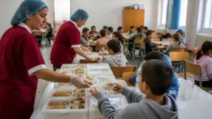 Μαθητές δημοτικού λαμβάνουν και καταναλώνουν σχολικά γεύματα σε οργανωμένο χώρο σχολείου.