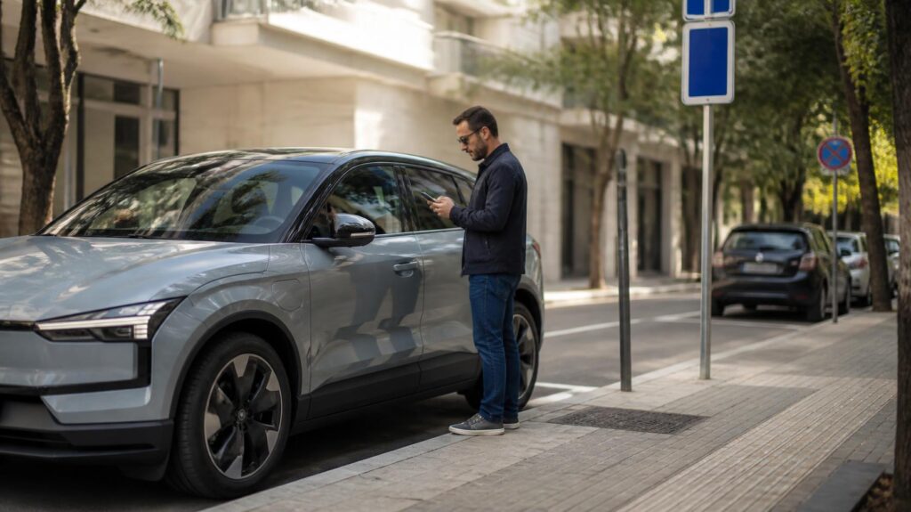 Ηλεκτρικό αυτοκίνητο σταθμευμένο σε οργανωμένη θέση πόλης, με οδηγό να ελέγχει ψηφιακό σήμα δωρεάν στάθμευσης στο κινητό.