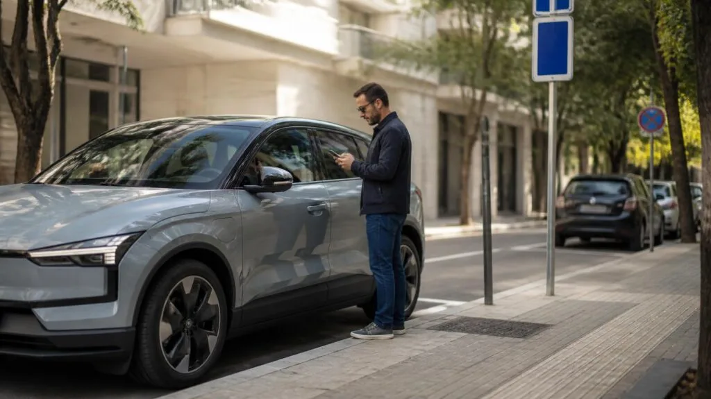 Ηλεκτρικό αυτοκίνητο σταθμευμένο σε οργανωμένη θέση πόλης, με οδηγό να ελέγχει ψηφιακό σήμα δωρεάν στάθμευσης στο κινητό.
