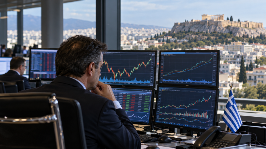 Χρηματοοικονομικός αναλυτής παρακολουθεί την αγορά ελληνικών κρατικών ομολόγων με την Αθήνα στο βάθος, για την αξιολόγηση της Ελλάδας από την S&P.