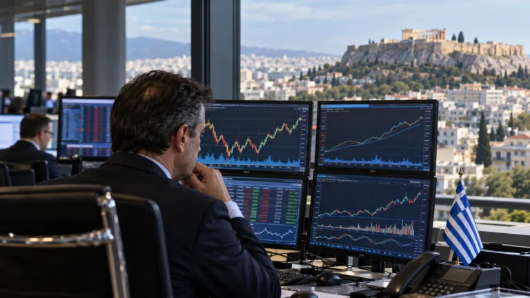 Χρηματοοικονομικός αναλυτής παρακολουθεί την αγορά ελληνικών κρατικών ομολόγων με την Αθήνα στο βάθος, για την αξιολόγηση της Ελλάδας από την S&P.