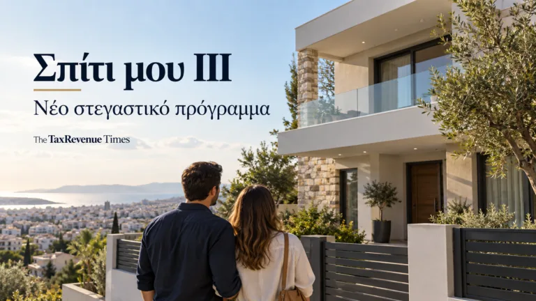 Νεαρό ζευγάρι μπροστά σε σύγχρονη κατοικία, για το νέο στεγαστικό πρόγραμμα «Σπίτι μου ΙΙΙ» και την απόκτηση πρώτης κατοικίας.