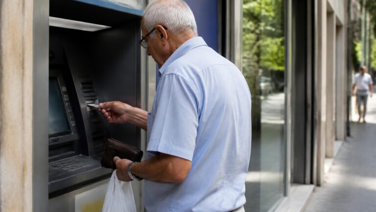 Συνταξιούχος χρησιμοποιεί ΑΤΜ για ανάληψη χρημάτων, για τις ημερομηνίες πληρωμής των συντάξεων Νοεμβρίου 2026.